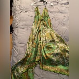 Green Paisley Maxi Dress Fairy Silk Vintage Small Women’s Ibiza Festival Dress